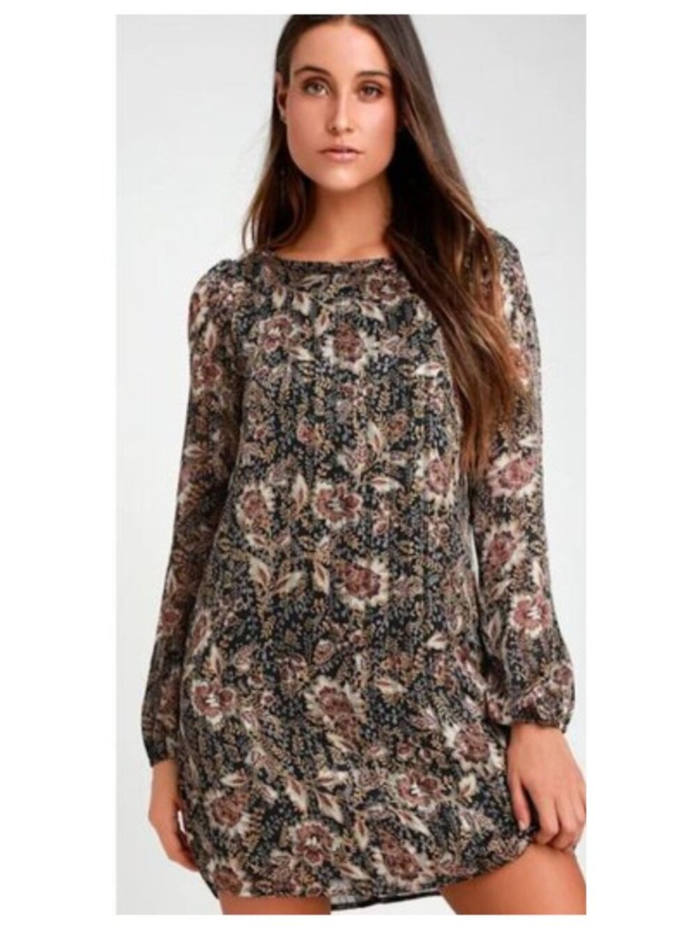 LULUS Ashford Long Sleeve Mini Shift Dress Floral Black/Brown/Metallic Women L